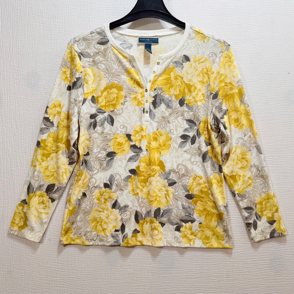 Karen Scott Henley Top Womens PXL Yellow Floral‎ Long Sleeve Gold Button Mature